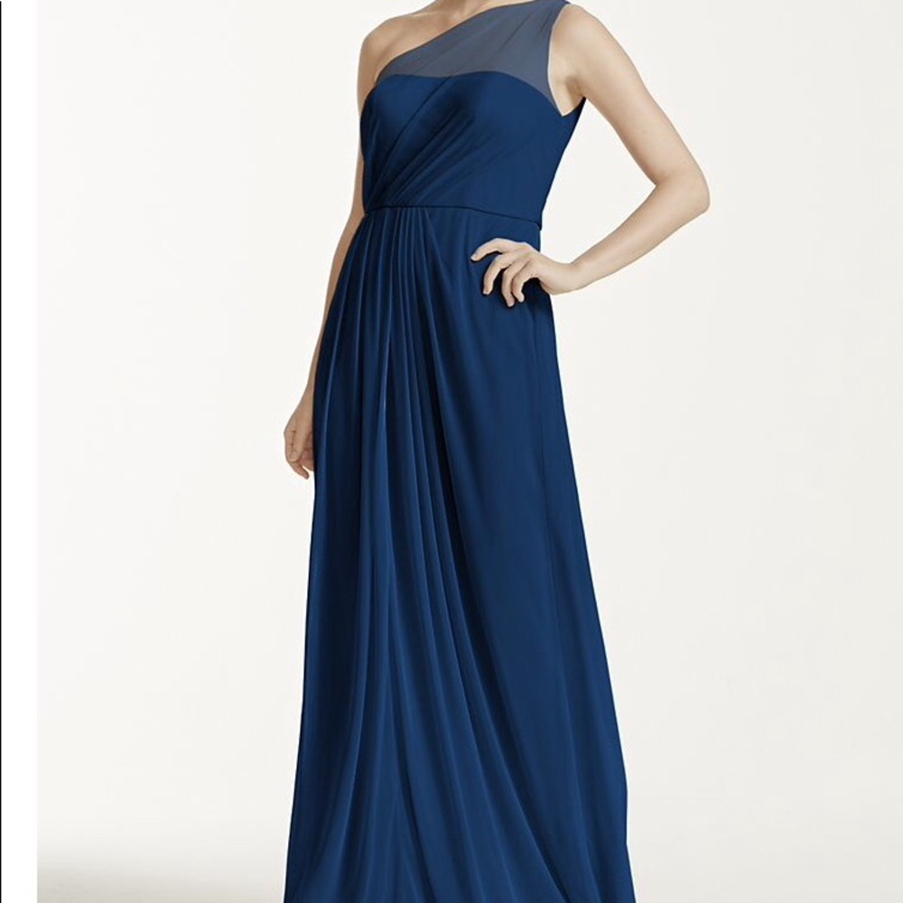 David’s Bridal Long Mesh One Shoulder Dress